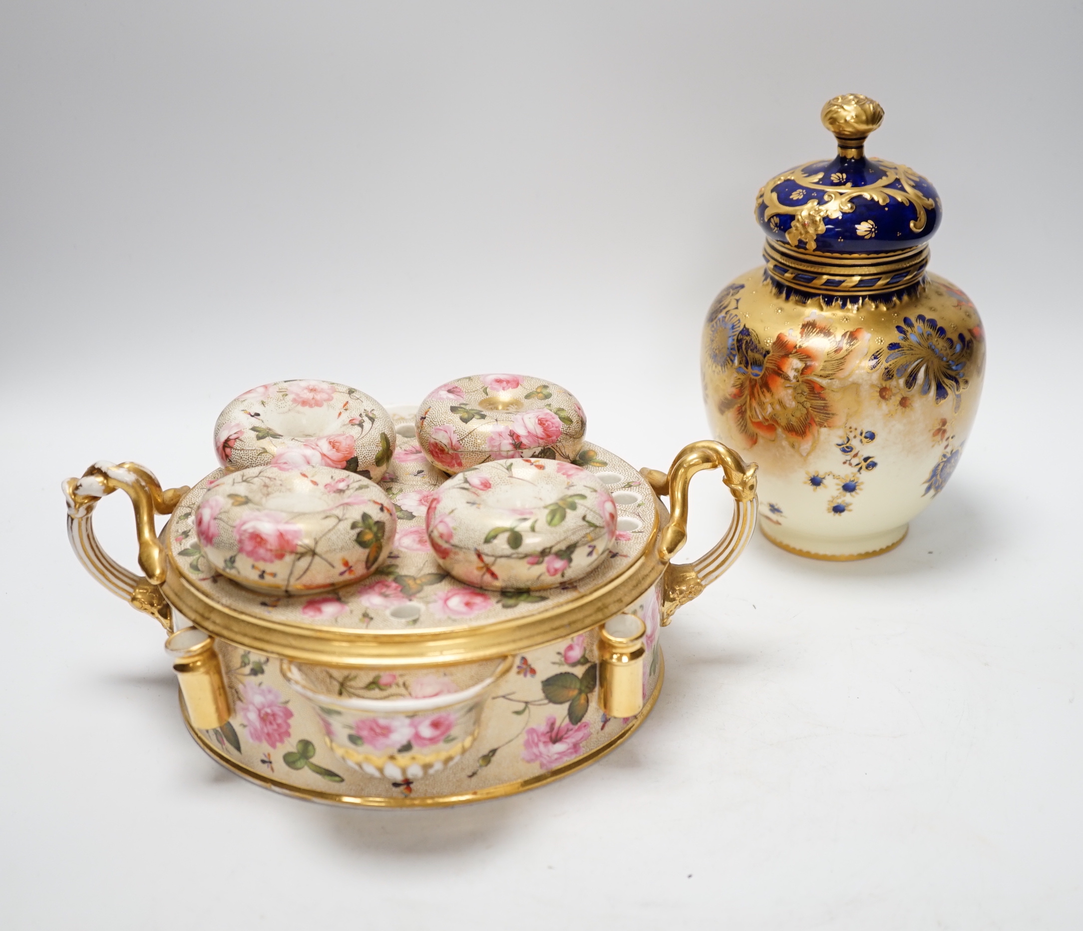 A Royal Crown Derby jar and cover and a English porcelain rose painted inkstand, c.1820, stand 25cm wide